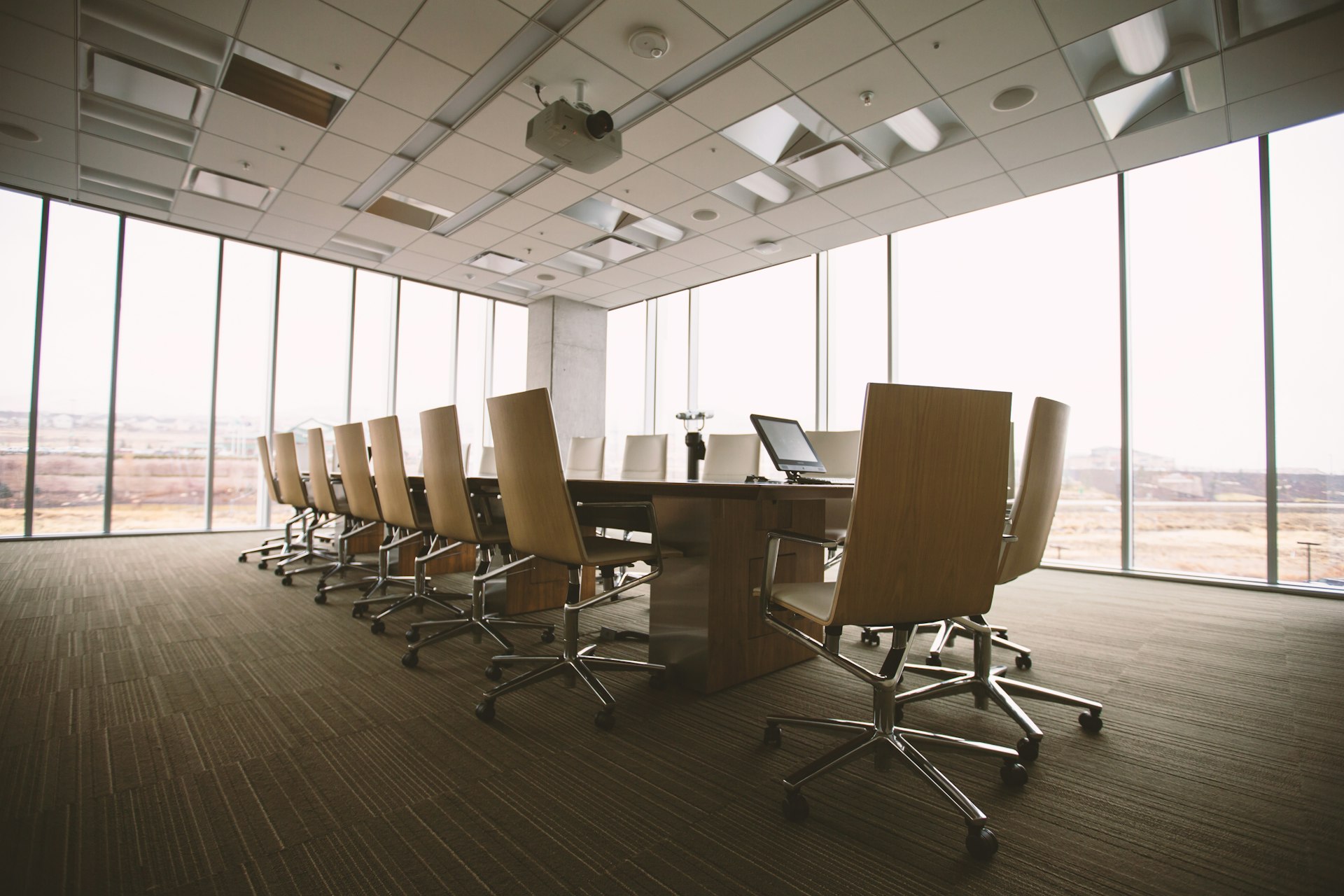 Bright office workspace with empty desks